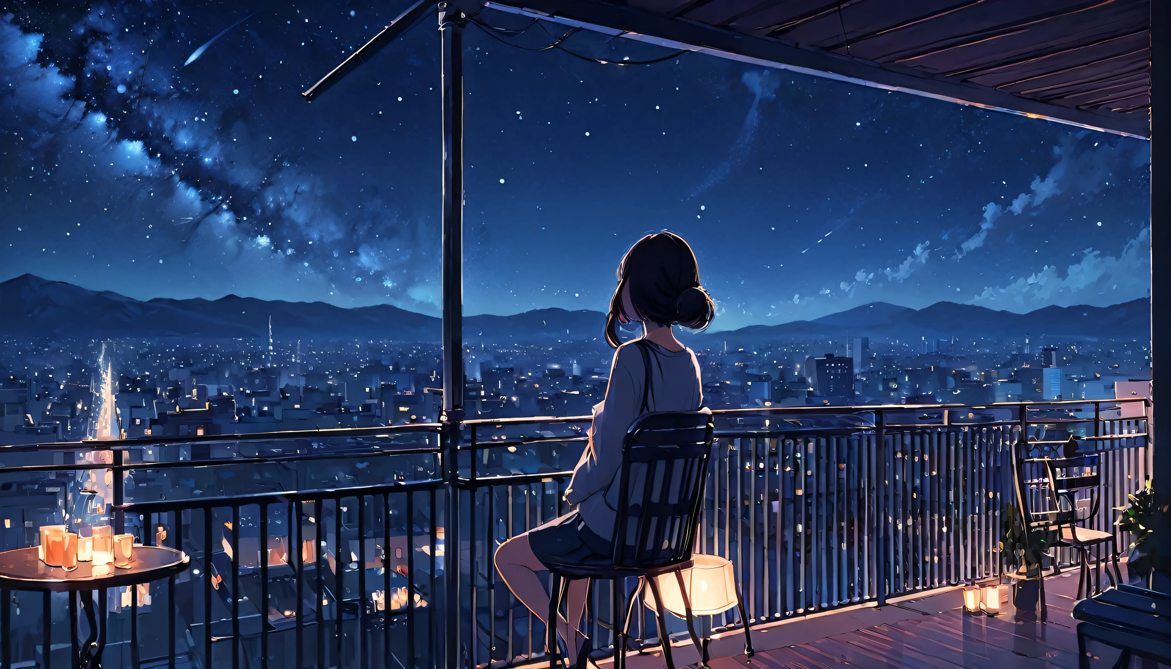 Listening to jazz music with headphones。girl,Watching the night sky from the balcony, alone, Lofty Girl, Lofi Art Style, Lofty Girl aesthetic, By Ghailan, Anime Aesthetics, relaxed mood, Lo-fi illustration style