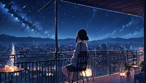 Listening to jazz music with headphones。girl,Watching the night sky from the balcony, alone, Lofty Girl, Lofi Art Style, Lofty G...