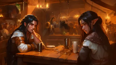 the situation in the tavern: a handsome elf man with long black hair is sitting and drinking beer, en el contexto de tres chicas...