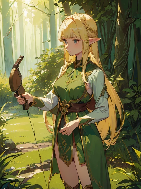 (((masterpiece))) ((( background =  Lush forest : At night : detailed ))) (((character = Young Elven Woman : Long blonde hair with elegant straight bangs : Small breasts : Fit Body : Archer Costume : Are standing : Take aim with a bow ))