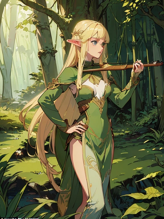 (((masterpiece))) ((( background =  Lush forest : At night : detailed ))) (((character = Young Elven Woman : Long blonde hair with elegant straight bangs : Small breasts : Fit Body : Archer Costume : Are standing : Take aim with a bow ))