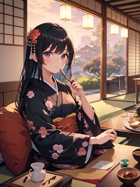 (8k, highest quality, Tabletop:1.2)、One 14-year-old girl, Detailed face, black eye, Black Hair, Long Hair, Kimono with a flower ...