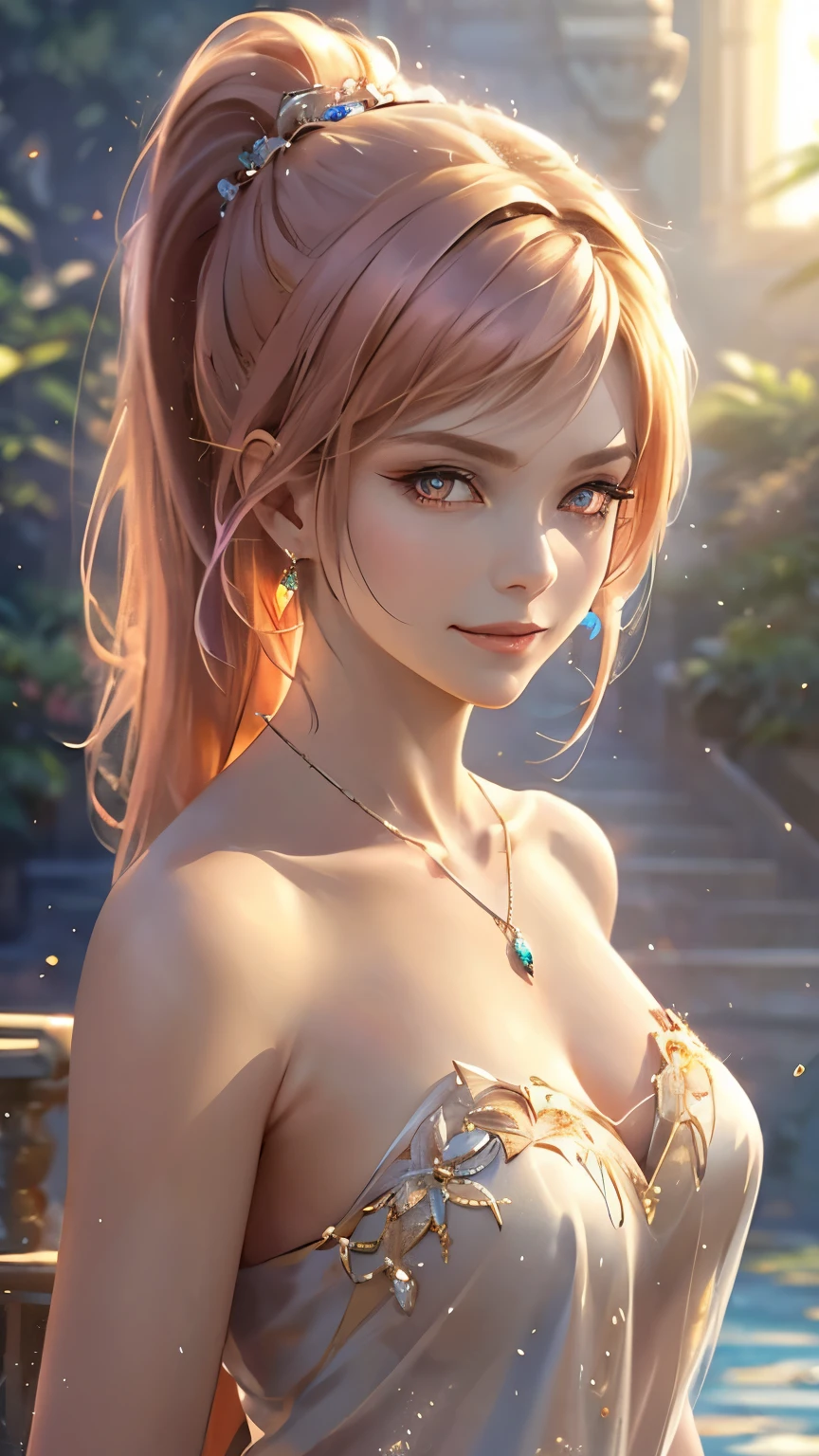 Pink Hair, Front Ponytail, Eye Reflexes, Red contact lenses, Pink Eyes, Heterochromia，Put on earrings, blue crystal pendant，Wicked Smile, hair band，Attention to detail, Romanticism, Written boundary depth, Shine, Ray Tracing, Viewfinder, Zoom Layer, close, Bokeh, Anatomically correct, Attention to details, 1080p, Ultra Hi-Vision
woman，High Ponytail，Oversized T-shirt，More on water patterns on clothes，The expression is solemn，reflected light，
ゴージャスで繊細にShine小さな蝶の髪飾り，Vibrant colors，Detailed engraving，Shine brightly，Attention to detail，The jewelry is of high quality，Very high quality