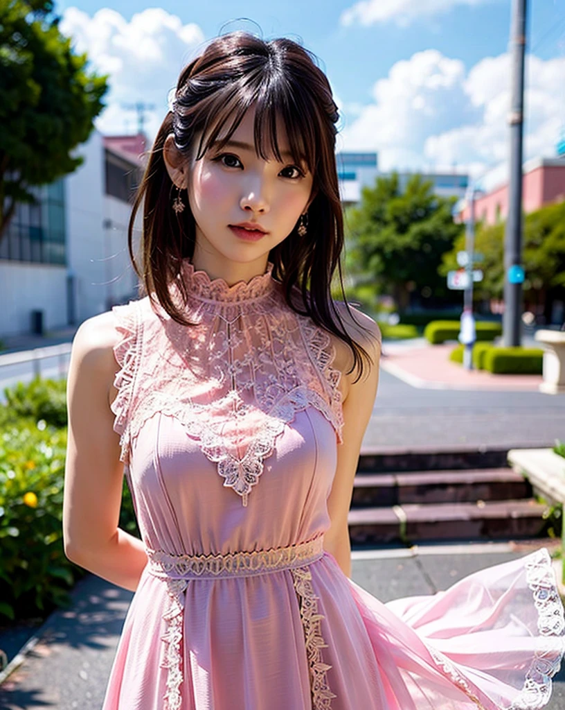 a woman posing on the street corner with pink dress on, best quality, high res, 8k, 1girl, (huge breasts), day, bright, outdoor, (street:0.8), (people, crowds:1), (lace-trimmed dress:1.5, pink clothes:1.5, pink high-neck dress:1.5, sleeveless dress, pink dress: 1.5), gorgeous, (medium hair), beautiful detailed sky, beautiful earrings, (dynamic pose:0.8), (upper body:1.2), soft lighting, wind, shiny skin, looking at viewer,  bikini