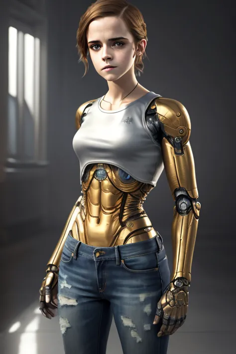 Emma Watson, (masterpiece, best quality), 1girl, solo, t-shirt, jeans, robot, metallic skin, cyborg