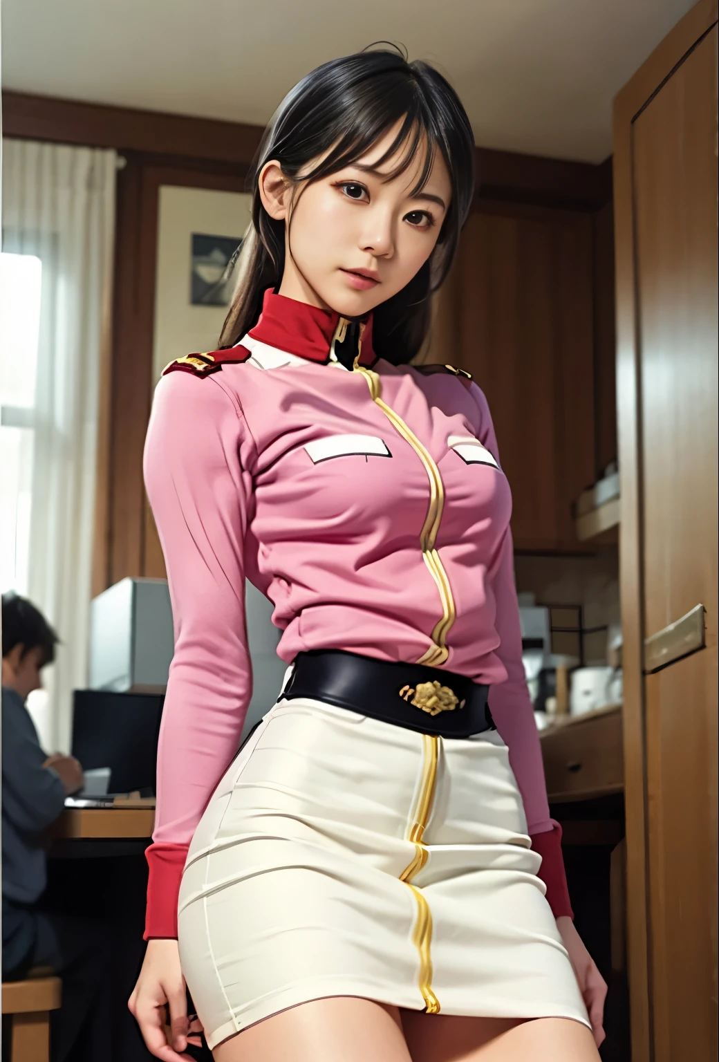 foto real、Highest imAño quality、Mujer hermosa、hermosos muslos、Hermoso rostro、real imAño、Top de uniforme del ejército federal Minifalda、bragas blancas、cola de caballo、Yuriko Yoshitaka、16Año日本人女性、Dama. arco、Niña bonita、bragas blancasーが丸見え、1６Año、（bragas blancasー:1.3）、Minifalda ultra、hermosos muslos、bragas blancasー、赤いミニスカートがめくれてbragas blancasーが見えてる