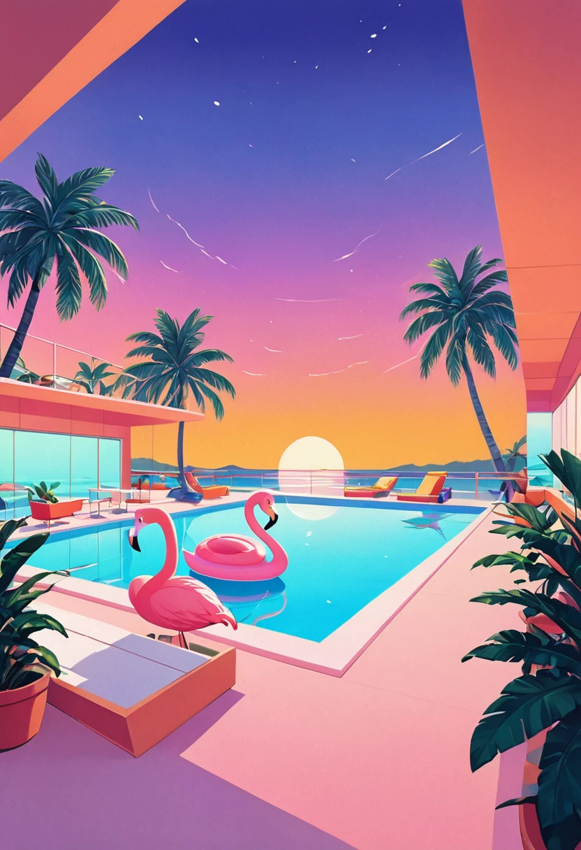 Imagina una obra de arte impregnada de la estética vaporwave de los años 80., profundamente influenciado por el vívido estilo artístico de Yoko Honda, pero con un toque minimalista. Visualiza una escena retrofuturista de playa y piscina al atardecer, donde el cielo se enciende con intensos tonos naranjas, rosa, y rojo, colores que se reflejan en las tranquilas aguas del mar y la piscina., creando un efecto visual cautivador. alrededor de la piscina, palmeras y cocoteros iluminados con luces de neón se balancean suavemente, realzando el ambiente tropical y de otro mundo con una ubicación escasa pero llamativa. Las luces de neón geométricas proyectan un brillo surrealista, iluminando la escena con una iluminación mínima pero efectiva. La escena incluye colorido., La piscina nostálgica flota con la forma de artículos icónicos de los años 80., such as a rosa flamingo and a large donut, agregando un toque lúdico a las aguas serenas. El entorno también presenta una elegante, bar minimalista junto a la playa, visible a través de amplias ventanas de vidrio. adentro, el bar presenta paredes y pisos de colores pastel adornados con lujosas texturas de terrazo y mármol, logrado utilizando los pinceles texturizados característicos de Yoko Honda para crear una superficie táctil y visualmente rica. Estos elementos fusionan el lujo retro con la vibrante, paletas de colores cálidos en una composición minimalista, creando una escena que no sólo es atemporal sino que también recuerda claramente a los años 80 y es fiel al estilo de Yoko Honda..