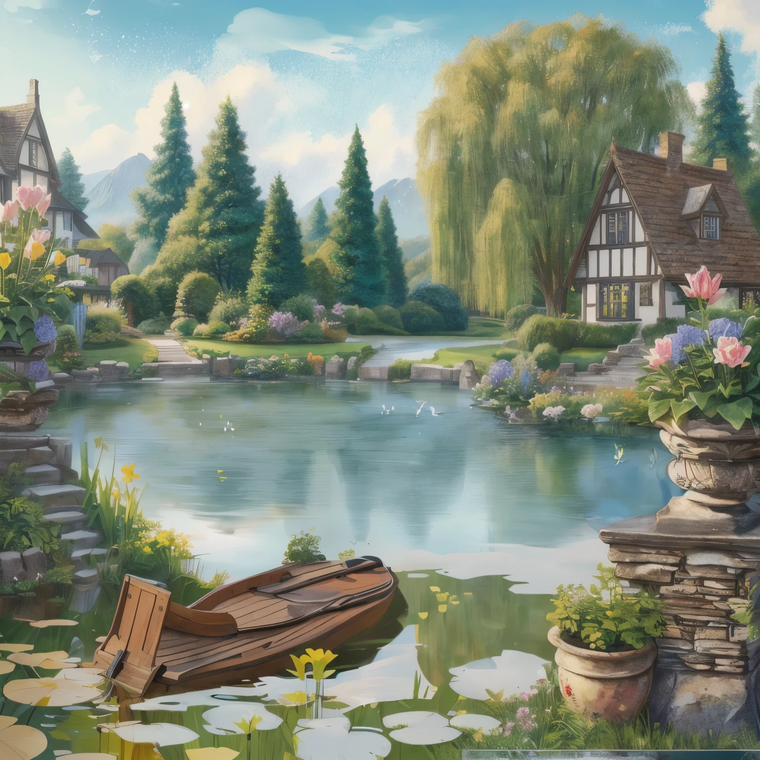 There is a painting，There is a garden in the painting，There is a pond and a house inside, Fairy tale style background, background technologywork, royal Garden Background, Garden Background, background technology, Detailed lake in the background, beautiful Lake Background, 2D Game Art Background, mobile game background, Lake Background, Landscape Art Detail, Elf forest background, garden pond scene, Detailed scenery —width 672