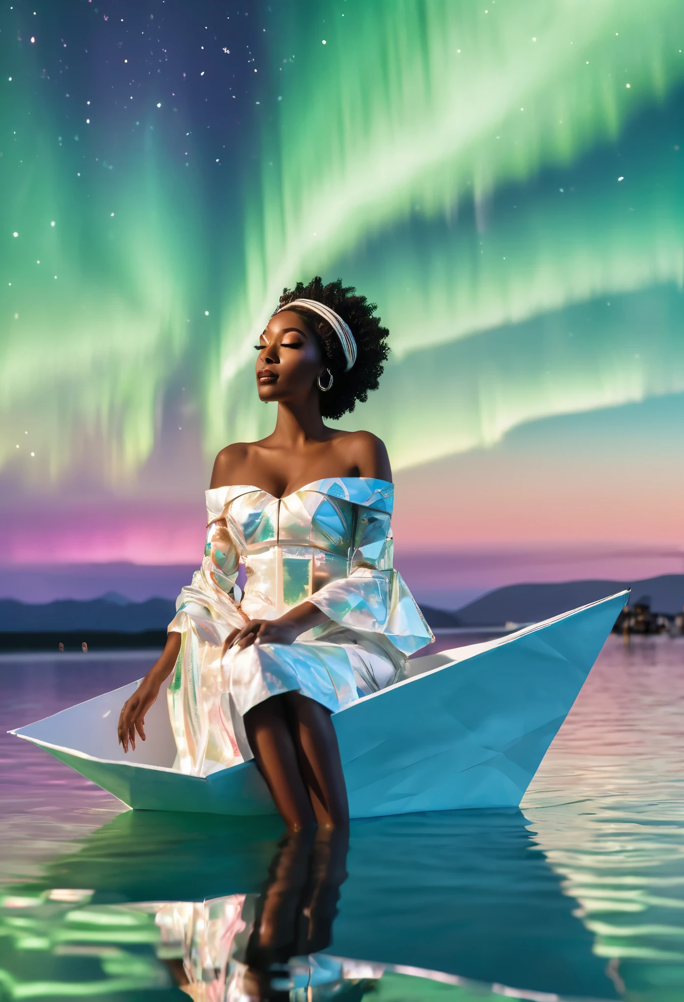 side angle view of A black woman sitting in a paper boat sailing on a clear ocean, clear ocean reflecting a beautiful aurora borealis shining in the sky, she's dressed in white African paper designed clothes, above a clear ocean, water reflecting the beautiful aurora borealis shining in the sky and clouds, beautiful artistic image.