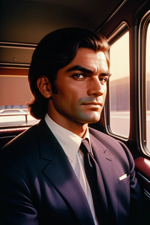 Analog portrait of a limousine driver from the 1970s, Rosto extremamente detalhado, Luz baixa, perfect lighting, nostalgic, iso100, cinestill 800t, filtro polarizado, cores vivas e brilhantes ousadas, fotografia de alta qualidade, fotograma de um filme