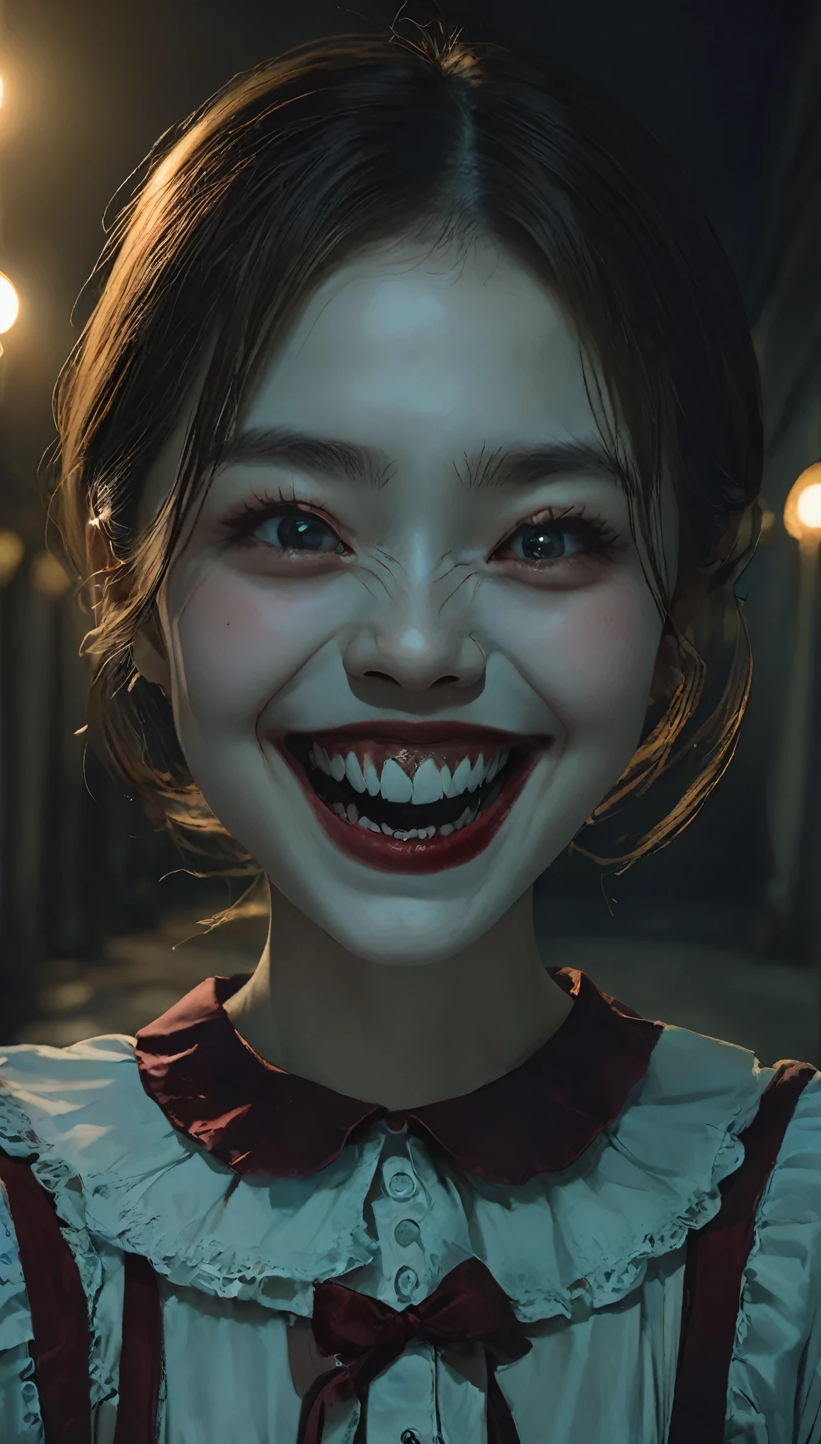 highest quality,horor,spooky smile:0.2,The corners of the mouth are turned up、Beautiful teeth alignment、Beautiful Teeth、Sedentary eyes、Red Nose,Detailed face,Scary atmosphere,Dark Background,Dramatic lighting,Sharp focus,an  ominous,evil dream,Scary Clown,Scary expressions,emotion,Exposing teeth,Big smile,Red lips,evil,Ghostly,evil dreamのような,Anxious,Night Scenery,Spooky laughter,Strong gaze,A frightening personality,Distorted face,Threatening,Gothic,Sharp Eye,evil dreamのような scenery,spooky,Anxious,horor movie aesthetic,evil dream fuel,Ghostlyly beautiful,A terrifying presence,evil dream-inducing,Shadow,Spooky atmosphere