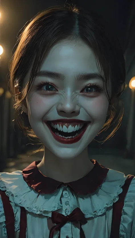 highest quality,Horror,spooky笑顔:0.2,The corners of the mouth are turned up、Beautiful teeth alignment、Beautiful Teeth、Sedentary e...