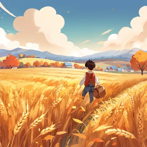 季节性Children's books籍插图, fall color palette, Cool autumn weather, Wheat field landscape, Autumn afternoon, Content Sentiment
,Chi...
