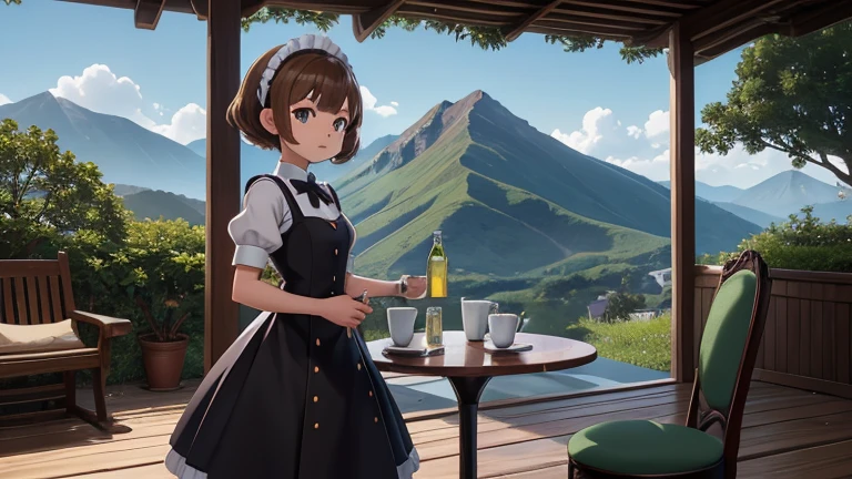 anime,mujer con orejas de gato ,short cheek-length light brown hair, vestida de maid, standing next to a small circular table with two white tea cups on it with two chairs next to the table near a tree,on a small green mountain in the background some beautiful mountains 