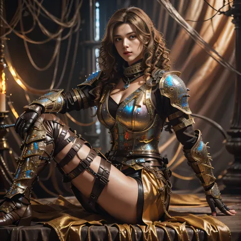 Busty brunette, knight in intricate armor, masterpiece, best quality, realistic, hyperrealistic, 16k hdr, photorealistic, cinema...