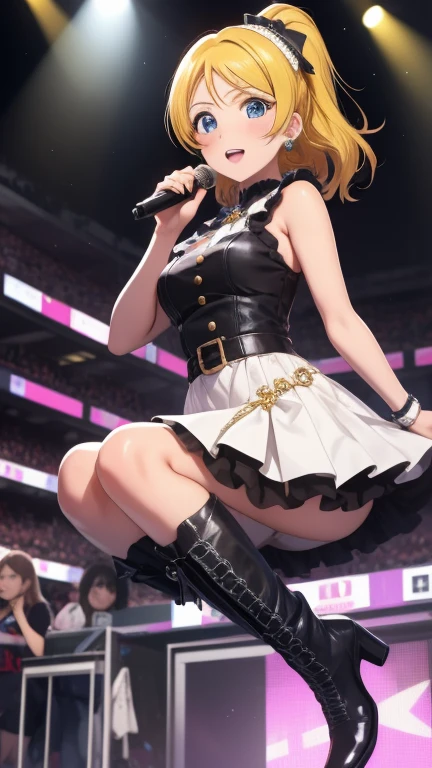 masterpiece, Best Quality, Very detailed, ultra high resolution, eliayase, the catalyst, Yellow hair, blue eyes, Horse tail, hair band, 1 girl, Alone, bright lips, sleeveless idol dress, very puffy skirt, flared skirt, lace underwear, high thighs, very boots, Whole body