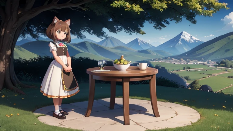 anime,mujer con orejas de gato ,short cheek-length light brown hair, vestida de maid, standing next to a small circular table with two white tea cups on it with two chairs next to the table near a tree,on a small green hill in the background some mountains 