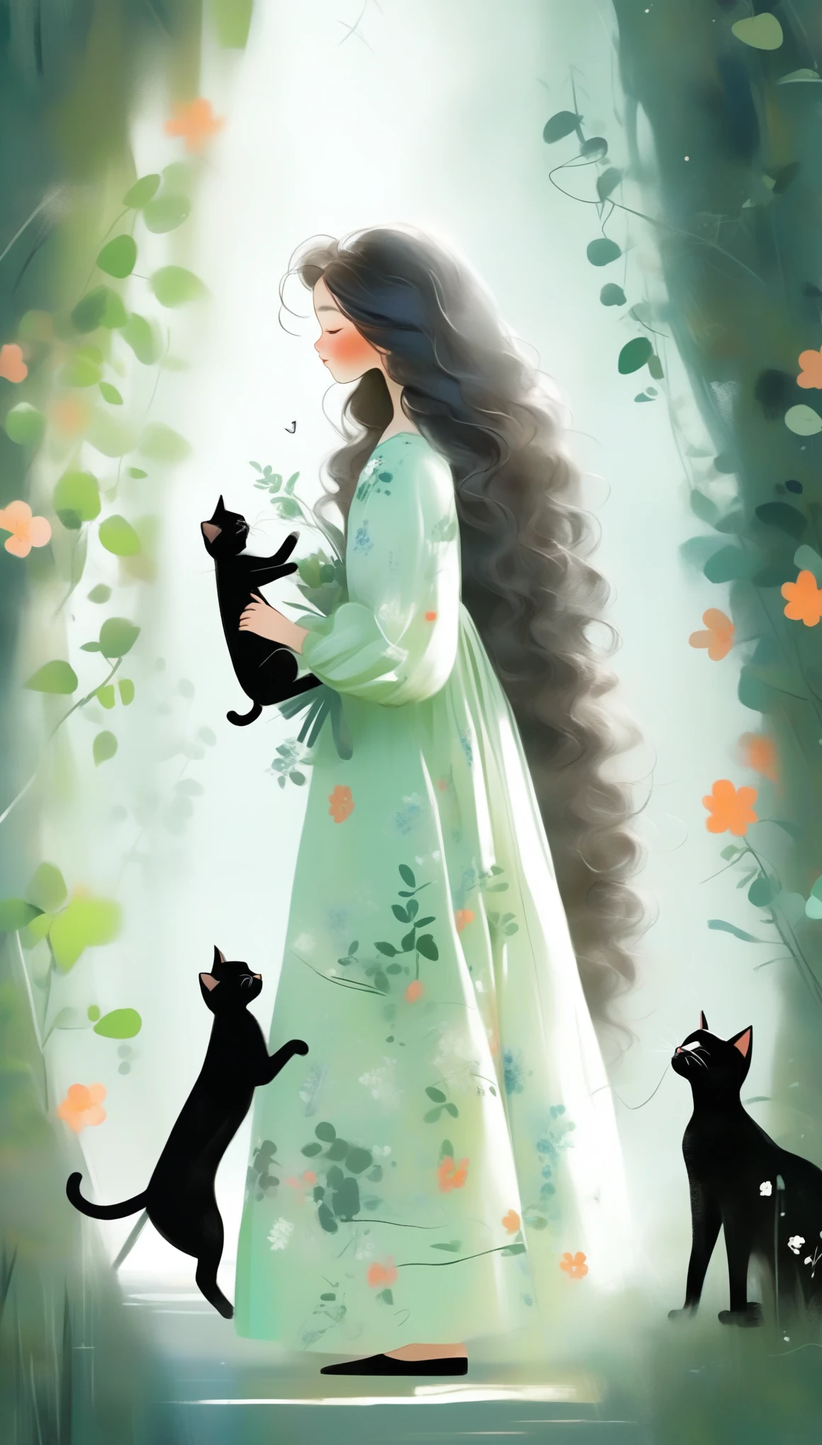 1girl, solo, long_hair, black_hair, long_sleeves, dress, holding, standing, closed_eyes, flower, artist_name, signature, from_side, english_text, tree, profile, animal, watermark, wavy_hair, floral_print, cat, plant, child, nature, web_address, forest, curly_hair, green_dress, vines