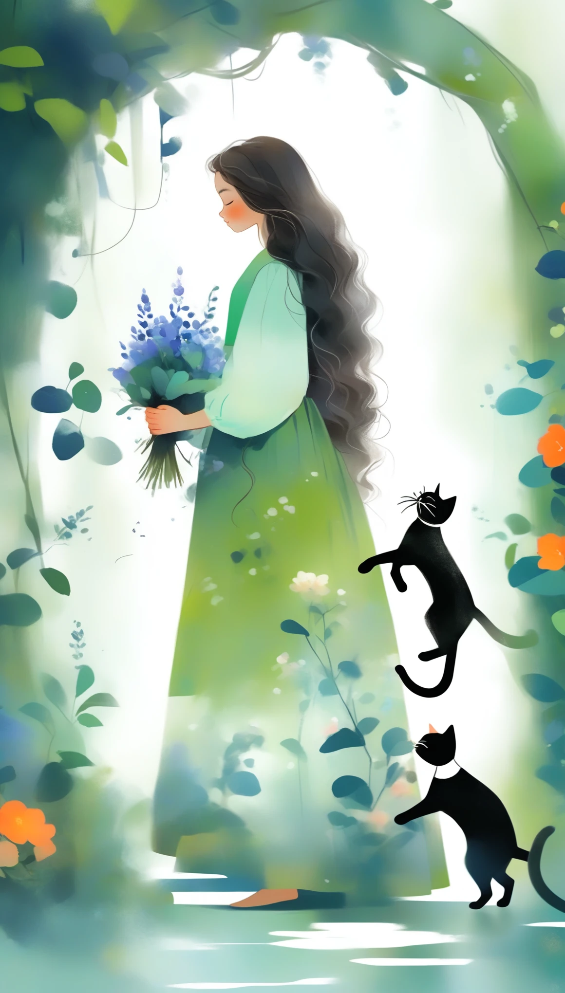 1girl, solo, long_hair, black_hair, long_sleeves, dress, holding, standing, closed_eyes, flower, artist_name, signature, from_side, english_text, tree, profile, animal, watermark, wavy_hair, floral_print, cat, plant, child, nature, web_address, forest, curly_hair, green_dress, vines