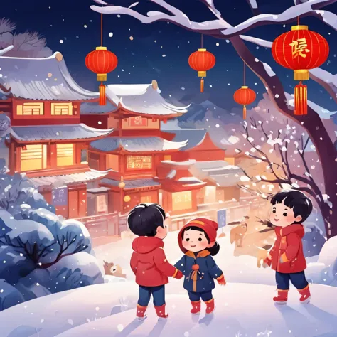 Seasonal Children&#39;s books illustrations, winter palette,  Chinese New Year Landscape, Winter Night, Content Sentiment
,Child...