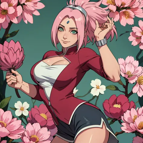 parte mestre， best quality at best， 1 garota， sakura haruno， seios grandes，traje fora do ombro，（clivagem)，（closeup da parte supe...