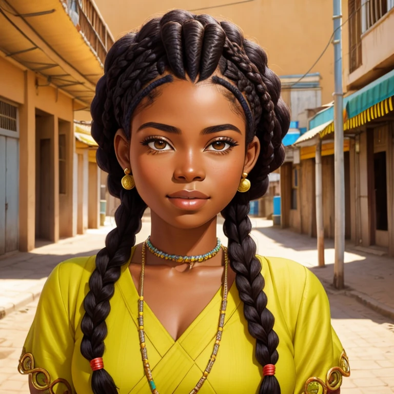 retrato de una mujer afrodescendiente con trenzas nagô en el pelo en una ciudad africana  