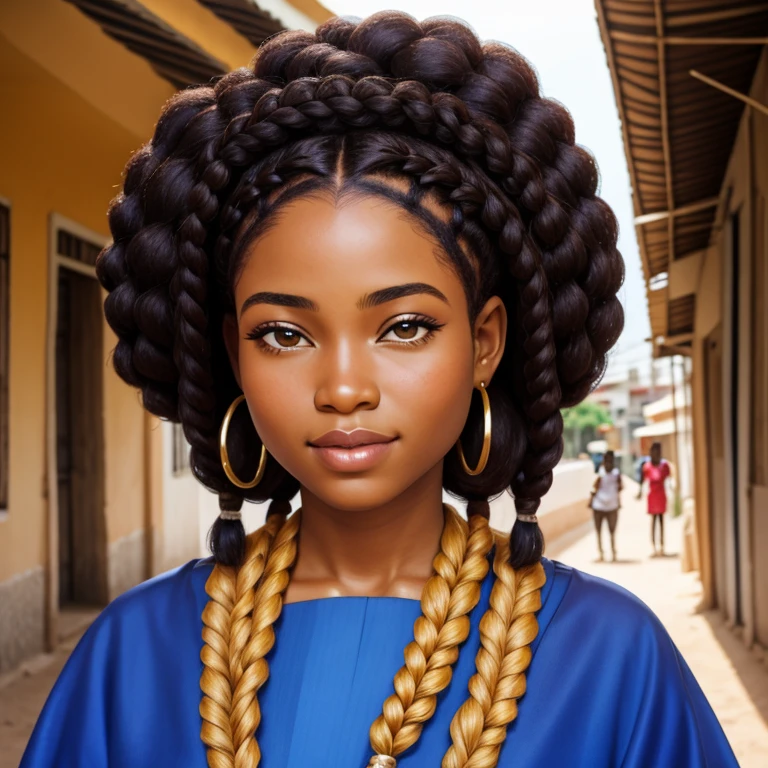 retrato de una mujer afrodescendiente con trenzas nagô en el pelo en una ciudad africana  