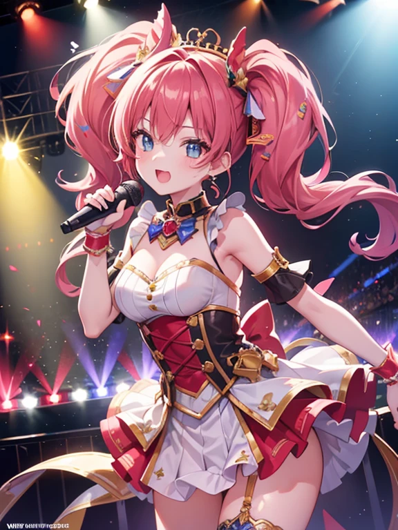 high details, high quality, high-definition32K, Idol Stage.Two Women,18-year-old,Colorful light,Spotlight,microphone,music,performance,Gorgeous,Energetic,pop,cute,Costume,Live feeling,audience,confidence,