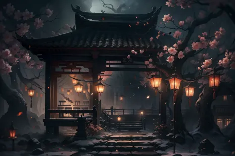 chinese ghost festival，middle metaverse，the same ghost，chiaroscuro street at night，detailed depiction of the branch fabric and l...