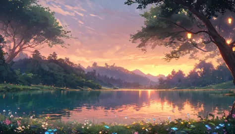 (best quality, masterpiece:1.2),detailed landscape,tranquil lake,reflecting vibrant dusk sky,nuances of colors,quiet,serene ligh...