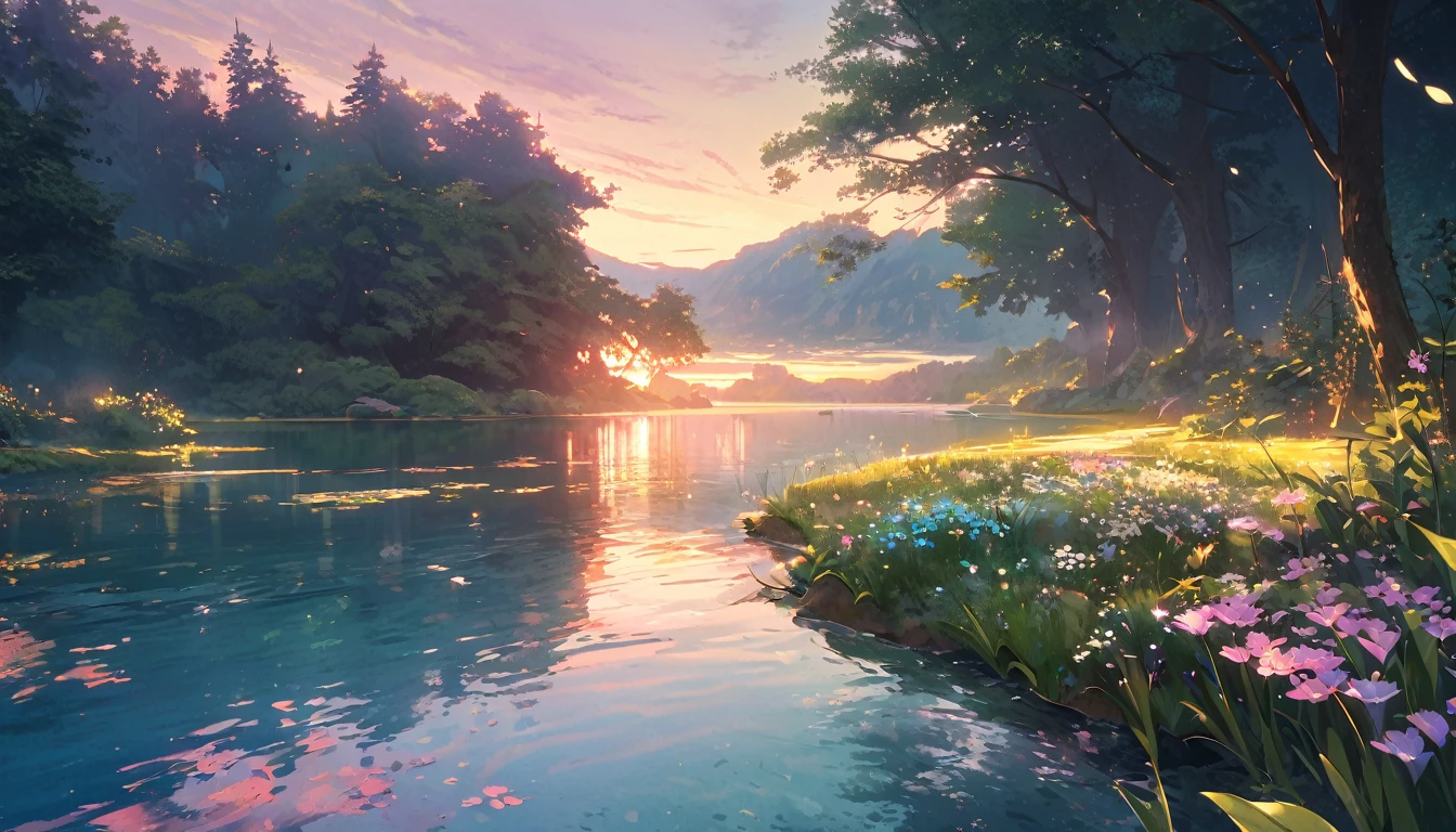 (best quality, masterpiece:1.2),detailed landscape,tranquil lake,reflecting vibrant dusk sky,nuances of colors,quiet,serene lighting,natural elements,peaceful ambiance,breathtaking view,serene atmosphere,gentle breeze,calm water surface,soothing sounds of nature,soft grass and flowers,golden sunlight filtering through the trees,subtle shades of green and blue,scattered rays of light,harmony between land and water,harmonious composition,serene color palette,refreshing and calming feeling,serenity of the scene,relaxing and rejuvenating experience,serene and majestic scenery,serene reflections,tranquil beauty,enchanting and peaceful landscape,ethereal and dreamlike ambiance,serene and tranquil oasis,warm and inviting atmosphere,splendid and enchanting panorama