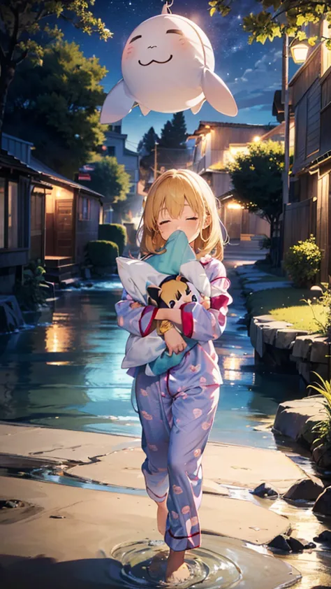 ((A cute sleepy girl in pajamas walking along a riverbed in the middle of the night, holding a pillow))、Cute blonde American gir...