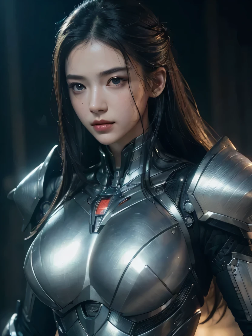 ((Masterpiece, top quality, highly detailed, high resolution, photorealistic, sharp focus, cinematic lighting)), ((solo woman, middle shot, focus from the chest up, face light)), high contrast , Warflame close-up, monocular lens, wearing intricately patterned armor, villain cyborg, alien cyborg, Crisis nano suit, assassin's elaborate mech armor, bad guy's face in armor, cool cyborg still photo