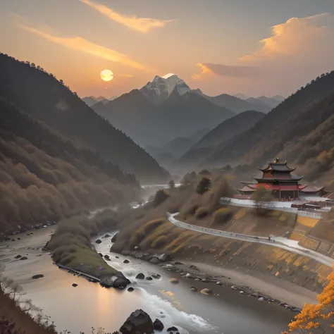 raw photo, sunrise, China Mountain Scenery, Chinese forests and rivers, cozy, photorealistic, Chinese architecture sparsely hidd...