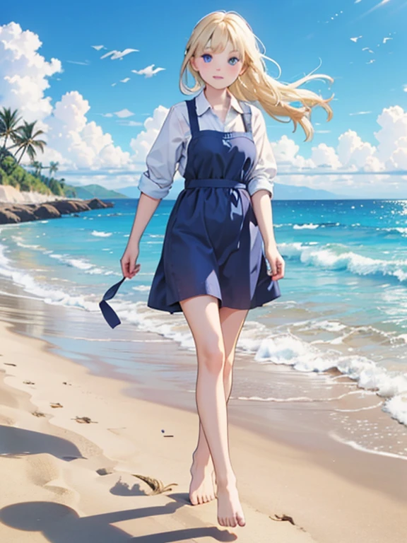 (8k, highest quality, Tabletop:1.2), One 10-year-old girl, Detailed face, blue eyes, Blonde, Braid, Blue Dress, White apron, blue sky, Ocean, Sandy Beach, Walking barefoot, Feet in the waves