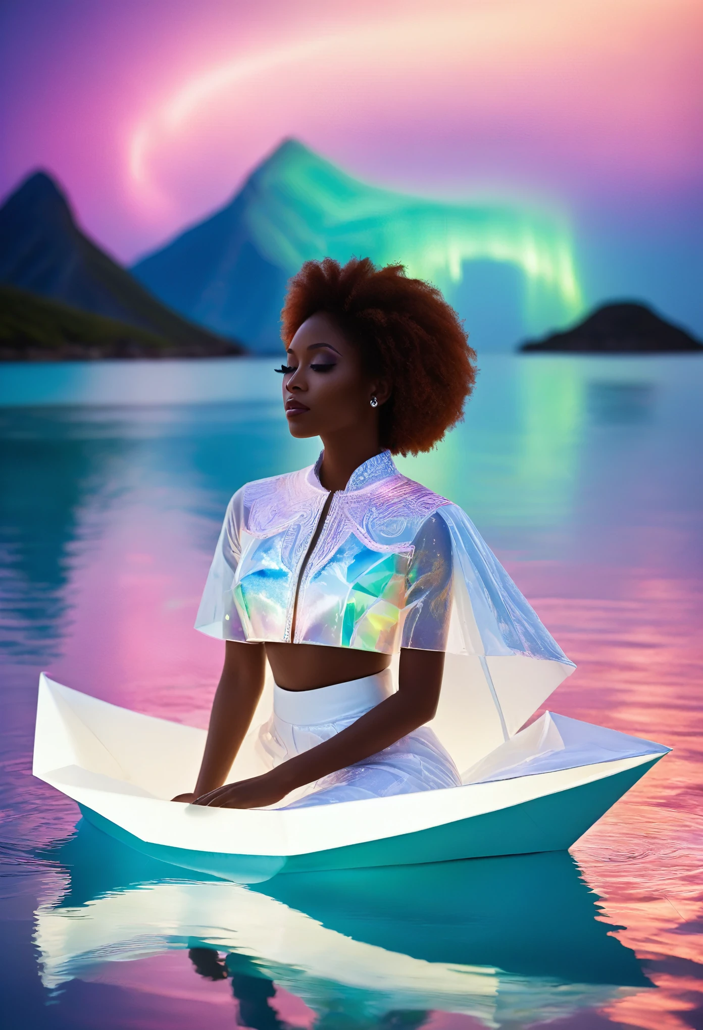 vista lateral de una mujer negra sentada en un barco de papel navegando en un océano claro, océano claro que refleja una hermosa aurora boreal brillando en el cielo, ella está vestida con ropa blanca diseñada en papel africano, sobre un océano claro, agua que refleja la hermosa aurora boreal brillando en el cielo y las nubes, hermosa imagen artística.