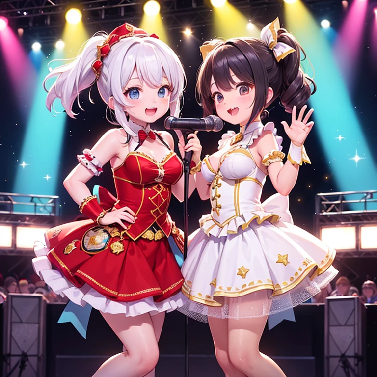 high details, high quality, high-definition32K, Idol Stage.Two Women,1,Big Breasts,Colorful light,Spotlight,microphone,music,performance,Gorgeous,Energetic,pop,cute,Costume,Live feeling,audience,confidence,