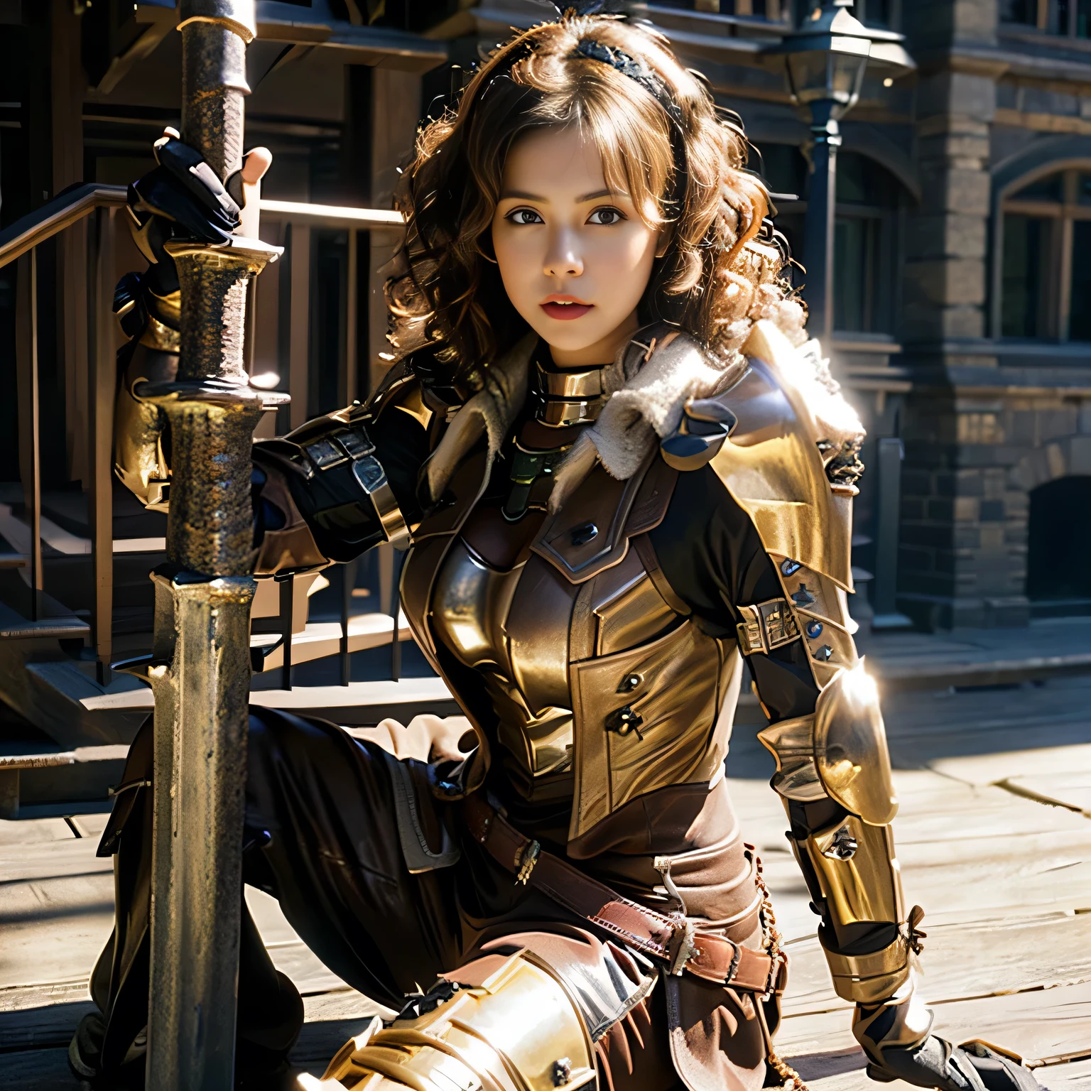 Busty brunette, knight in intricate armor, masterpiece, best quality, realistic, hyperrealistic, 16k hdr, photorealistic, cinematic, medieval scene, knight's throne view, 25yo, voluptuous woman,(brown hair, cascading curls:1.3),brown leather armor,enhanced breasts,from front,seated,chest focus,chainmail, gloved hands resting on sword, dramatic lighting, knightly background, knight's portrait view, high resolution, ultra-detailed, ultra-sharp, chivalric atmosphere, 1 girl, full body armor, brown eyes, detailed