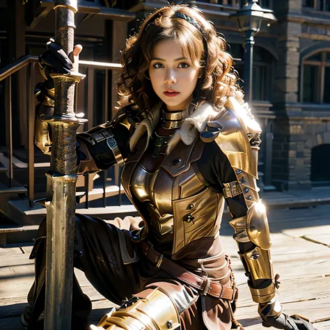 Busty brunette, knight in intricate armor, masterpiece, best quality, realistic, hyperrealistic, 16k hdr, photorealistic, cinema...