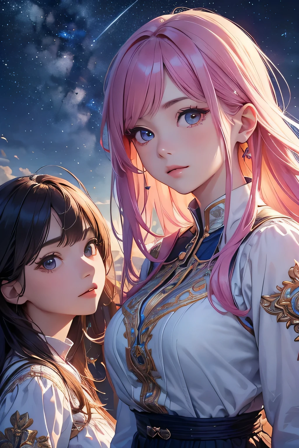 highest quality、High resolution、Detailed Background、(Beautiful face in every detail:1.4)、(Highly detailed face:1.4)、Brightly colored hair、A cute dress with minimal exposure、Spectacular natural scenery、Three beautiful girls against the backdrop of a large number of comets floating in the night sky