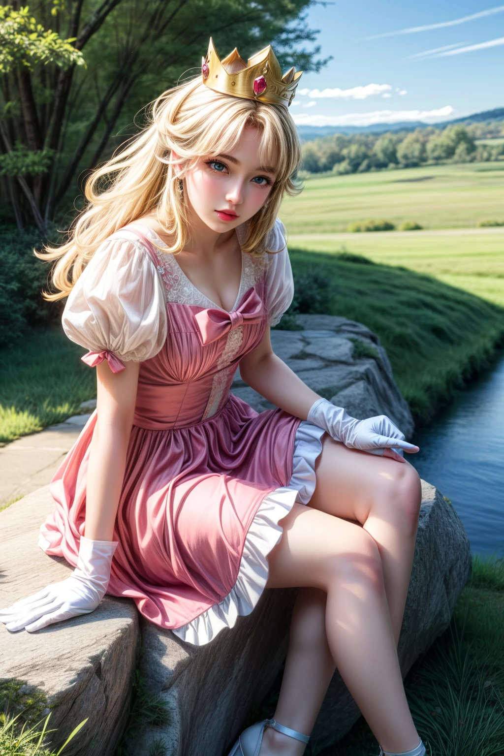 (masterpiece, highest quality),  Intricate details,
One girl,      Princess Peach, Blonde, blue eyes, Long Hair,, Crown, dress, gem, gloves, pink dress, puffy Short sleeve, Puffy sleeves, Short sleeve, white gloves,
Sitting, Outdoor, Sitting on rock, Grass,