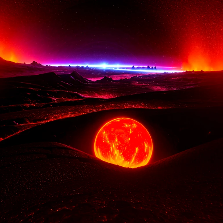 cybernetic earth with a red light inside, mechanized earth crust, the earth sprouts lava, earth's red mantle is visible, hollow earth, vtm, canyons and ridges all across earth, the whole world is on fire ablaze
