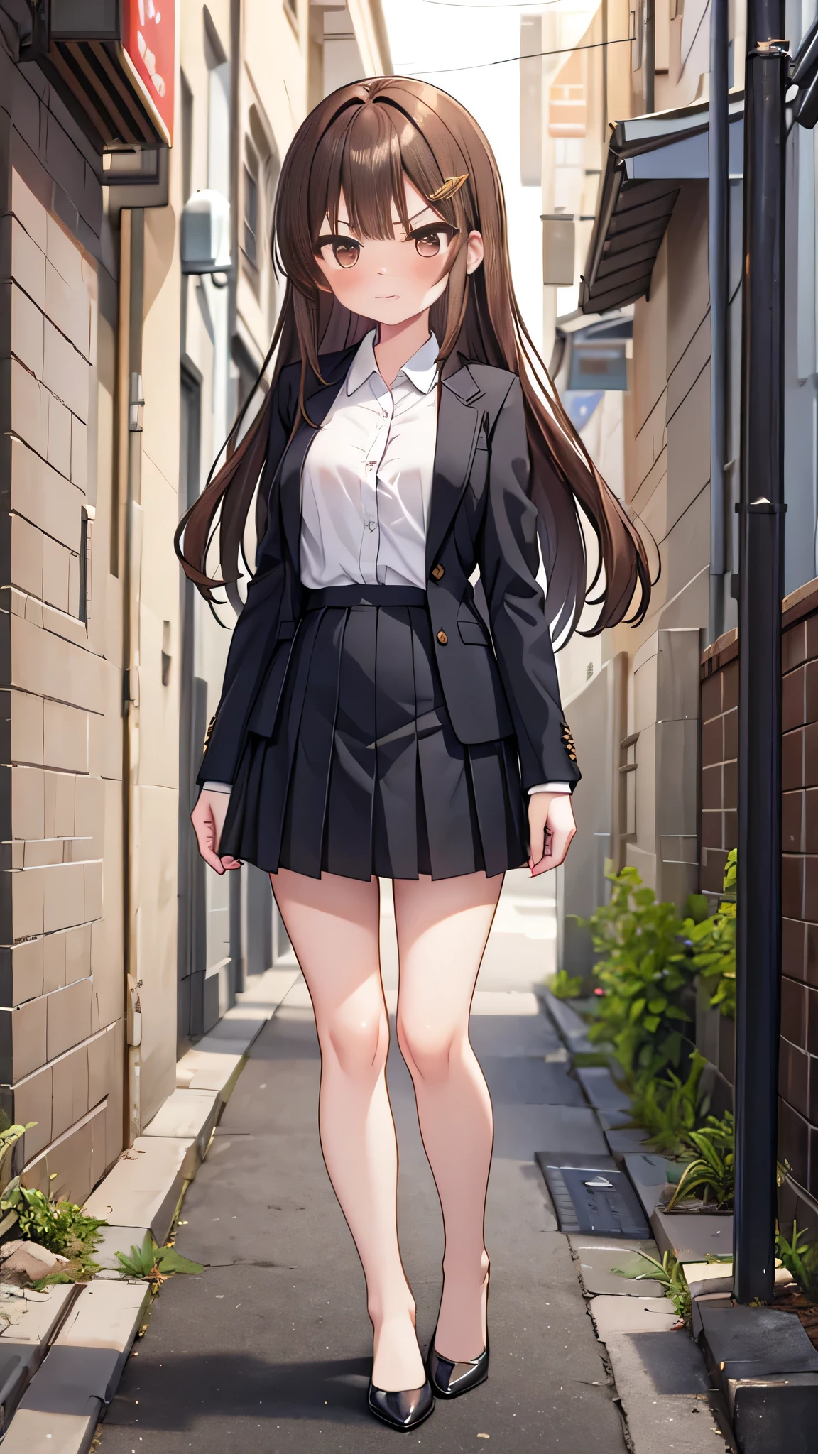 masterpiece、highest quality),Brown Hair,Hime cut,Long Hair,Bangs,girl,Back Alley,In a suit,OL,Woman with an angry face,Blushing,Slender women, A woman wearing plain black pumps,Bare feet and pumps,Open collar,Stand with your legs together,hold the skirt with both hands,front