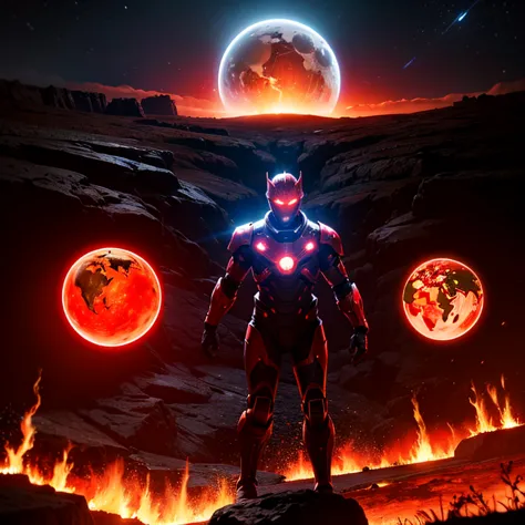 cybernetic earth with a red light inside, mechanized earth crust, the earth sprouts lava, earth's red mantle is visible, hollow ...