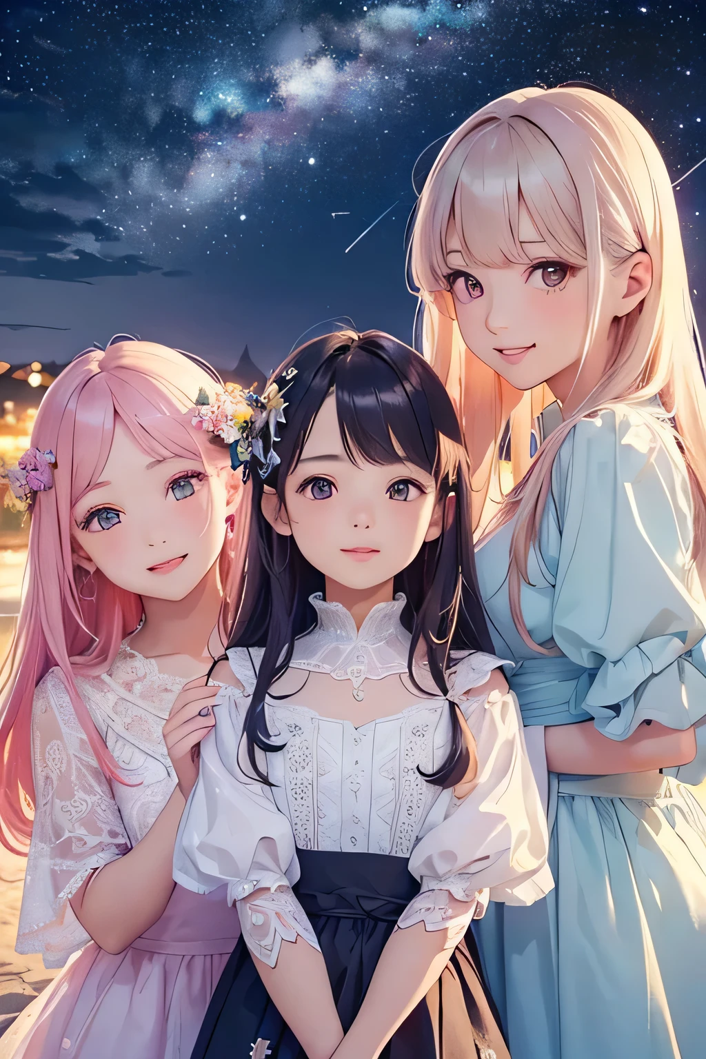 highest quality、High resolution、Detailed Background、(Beautiful face in every detail:1.4)、(Highly detailed face:1.4)、Brightly colored hair、A cute dress with minimal exposure、Spectacular natural scenery、smile、Three beautiful girls against the backdrop of a large number of comets floating in the night sky