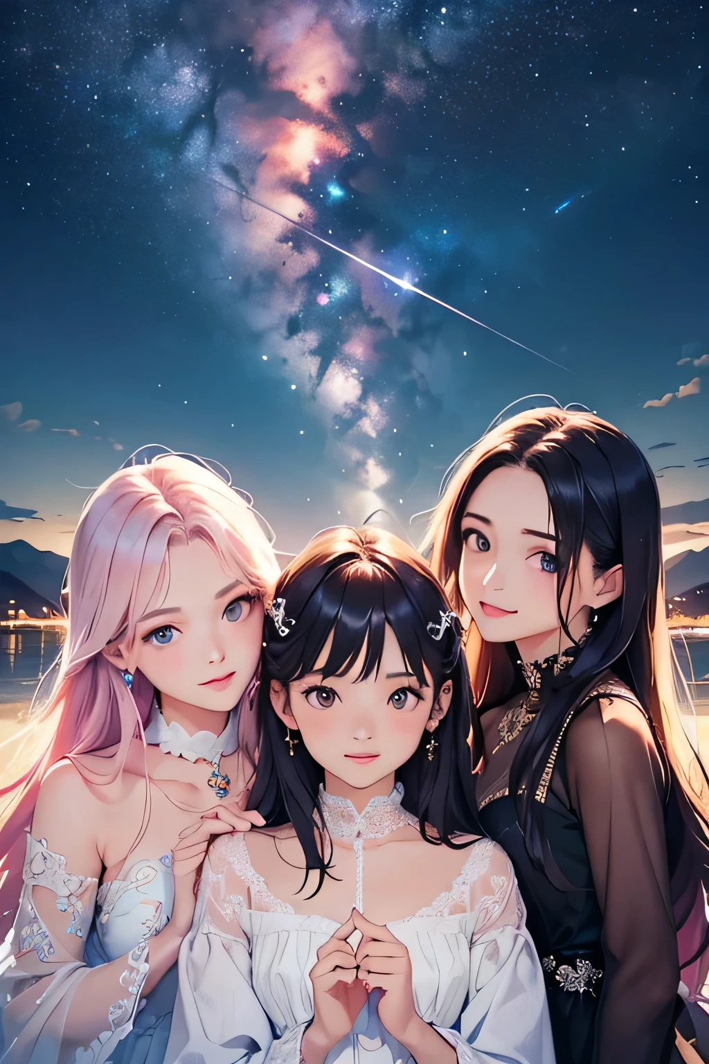 highest quality、High resolution、Detailed Background、(Beautiful face in every detail:1.4)、(Highly detailed face:1.4)、Brightly colored hair、A cute dress with minimal exposure、Spectacular natural scenery、smile、Three beautiful girls against the backdrop of a large number of comets floating in the night sky