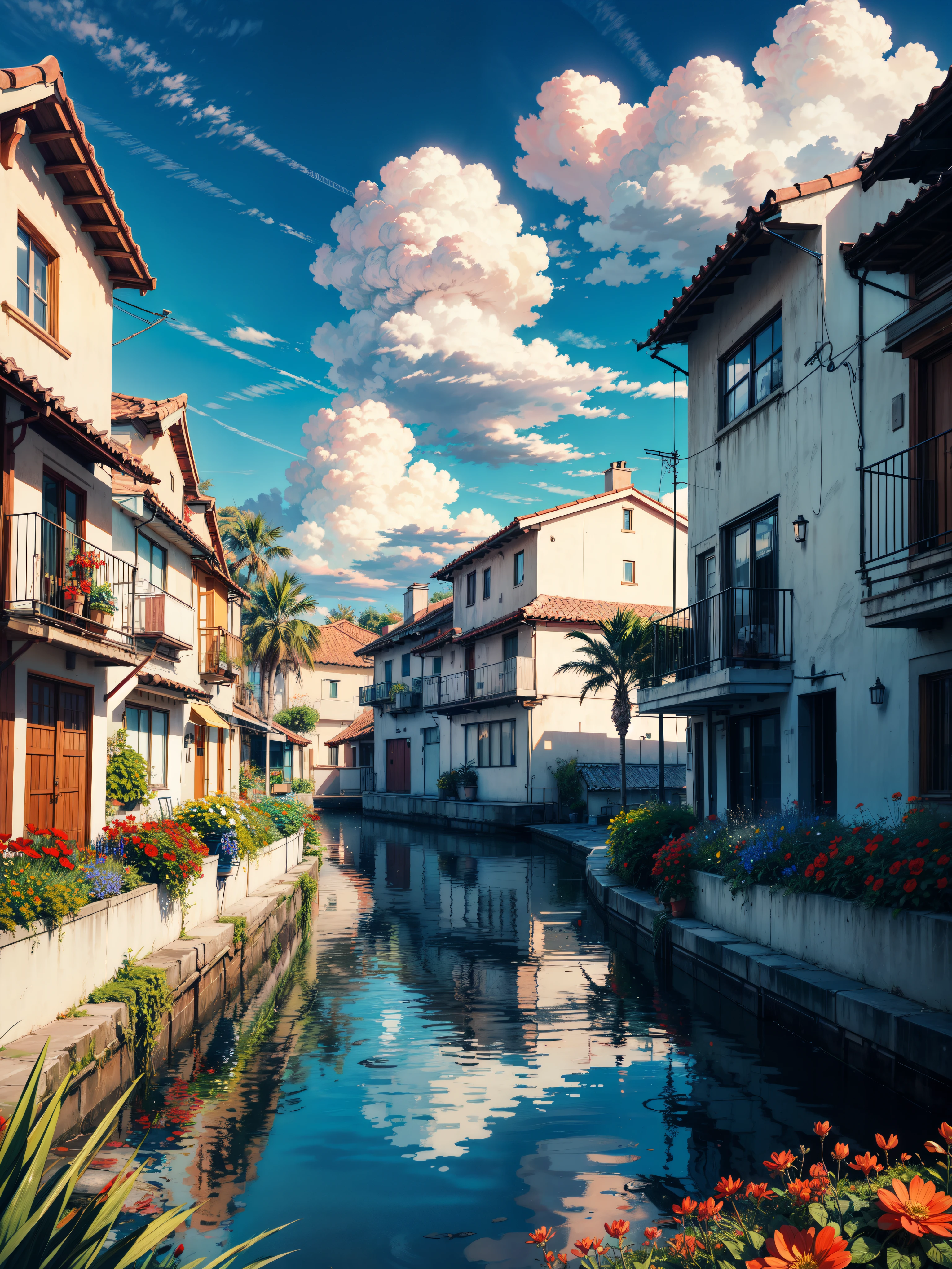 wide view, blue and white dwellings near beach, reflection, windy, beautiful, red flowers in pots, palm trees, vibrant tones, shining clouds, afternoon time, thick lines, cozy tones, beautiful sky, ghibli style, outdoors, cozy atmosphere, micro landscape, intrinsic details