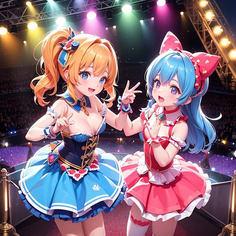 high details, high quality, high-definition32K, Idol Stage.Two Women,1,Beautiful breasts,Colorful light,Spotlight,microphone,music,performance,Gorgeous,Energetic,pop,cute,Costume,Live feeling,audience,confidence,