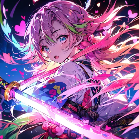 Masterpiece、Kanroji Mitsuri、pink and green hair、Angry Face、night、hearts dance、Pink Japanese sword