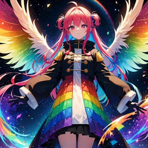 ((Fantasy　Rainbow Hair　Make your hair rainbow-colored on the inside　Long Hair　Dull red eyes　Have a galaxy　uniform　Put on a coat ...